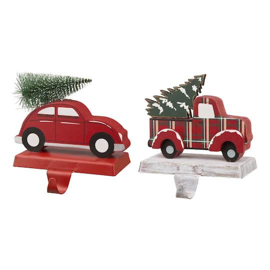 Glitzhome&#xAE; 6&#x22; Red Car &#x26; Truck Stocking Holder Set
